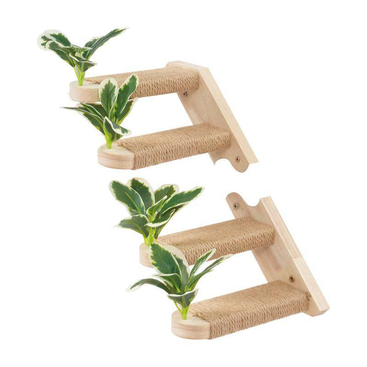 2-Pack Cat Wall Steps with Jute Scratching - Natural Wood Wall-Mounted Cat Stairs & Shelves | Decorative Leaf Design Cat Climbing Furniture - The Max & Rex Collection