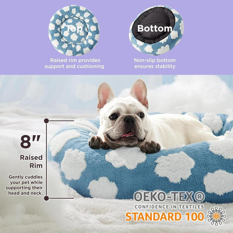 Donut Calming Pet Beds, Cute Modern Beds with Jacquard Shaggy Plush & anti Slip Bottom, 30 Inch, Blue