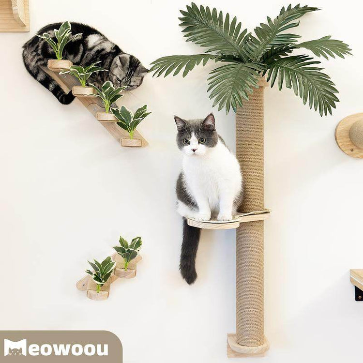 2-Pack Cat Wall Steps with Jute Scratching - Natural Wood Wall-Mounted Cat Stairs & Shelves | Decorative Leaf Design Cat Climbing Furniture - The Max & Rex Collection