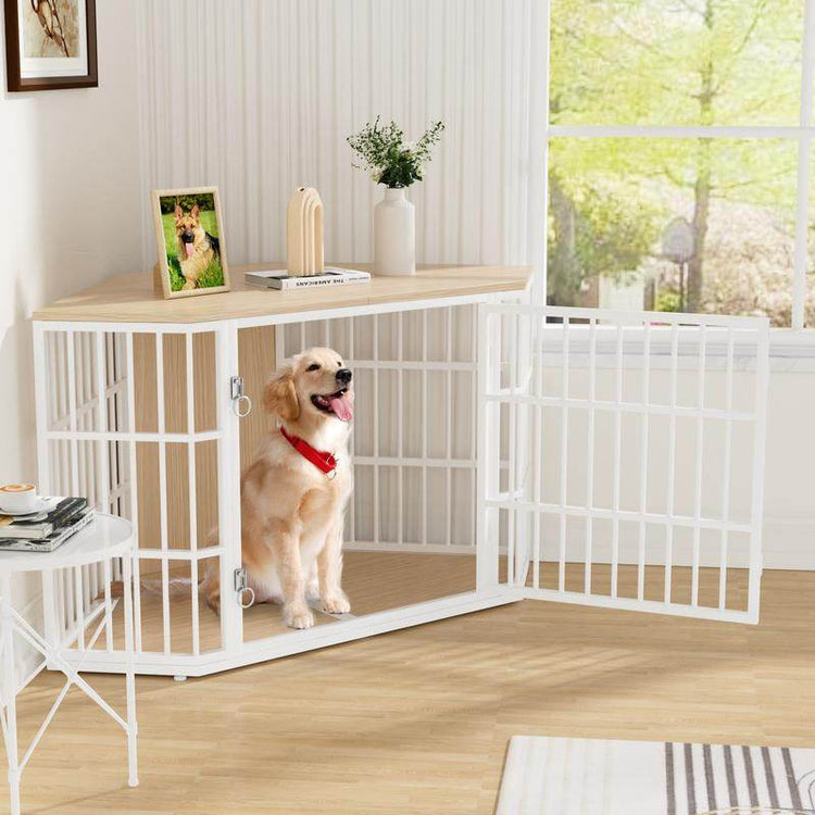 Large Wooden Corner Dog Crate Furniture with Tabletop - The Max & Rex Collection