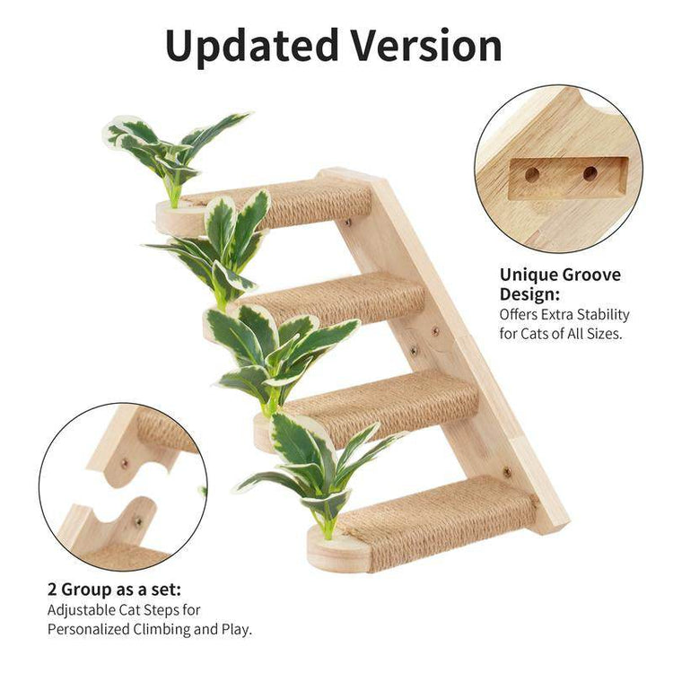 2-Pack Cat Wall Steps with Jute Scratching - Natural Wood Wall-Mounted Cat Stairs & Shelves | Decorative Leaf Design Cat Climbing Furniture - The Max & Rex Collection
