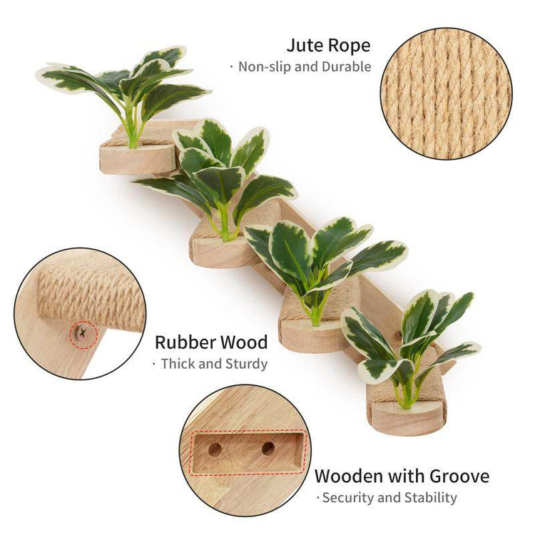 2-Pack Cat Wall Steps with Jute Scratching - Natural Wood Wall-Mounted Cat Stairs & Shelves | Decorative Leaf Design Cat Climbing Furniture - The Max & Rex Collection