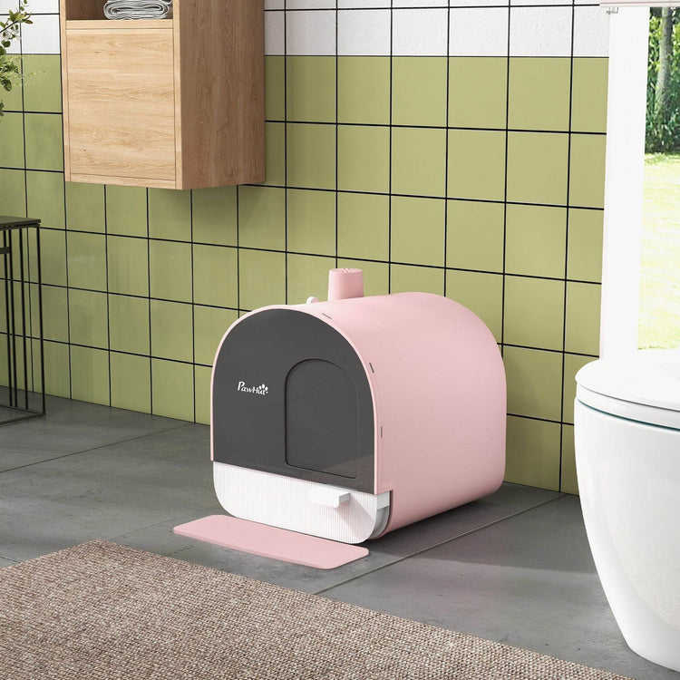 Pink Covered Cat Litter Box with Odor Filter - Complete Privacy Kit with Tray, Scoop & Mat | Compact Hooded Litter House - The Max & Rex Collection