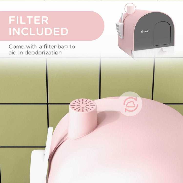 Pink Covered Cat Litter Box with Odor Filter - Complete Privacy Kit with Tray, Scoop & Mat | Compact Hooded Litter House - The Max & Rex Collection