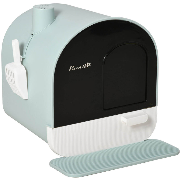 Covered Cat Litter Box with Odor Filter - Complete Privacy Kit with Tray, Scoop & Mat | Green Hooded Litter House - The Max & Rex Collection