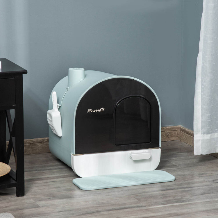 Covered Cat Litter Box with Odor Filter - Complete Privacy Kit with Tray, Scoop & Mat | Green Hooded Litter House - The Max & Rex Collection