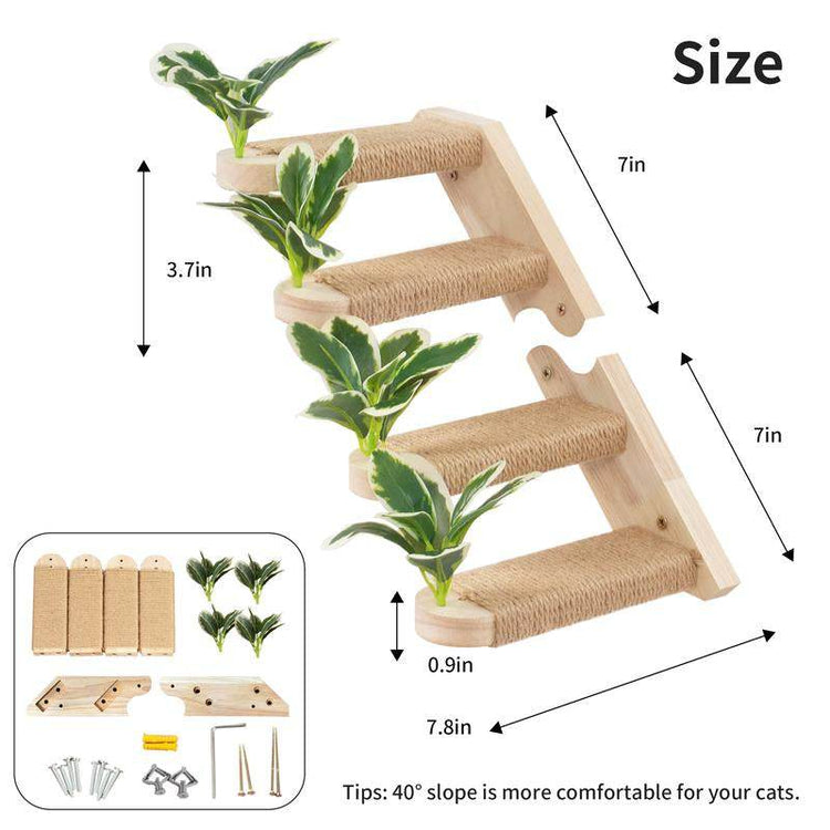 2-Pack Cat Wall Steps with Jute Scratching - Natural Wood Wall-Mounted Cat Stairs & Shelves | Decorative Leaf Design Cat Climbing Furniture - The Max & Rex Collection