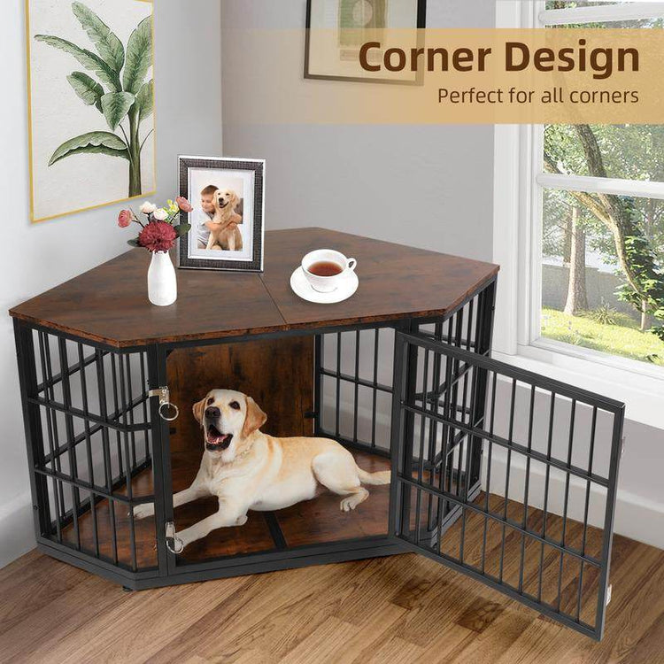 Large Wooden Corner Dog Crate Furniture with Tabletop - The Max & Rex Collection