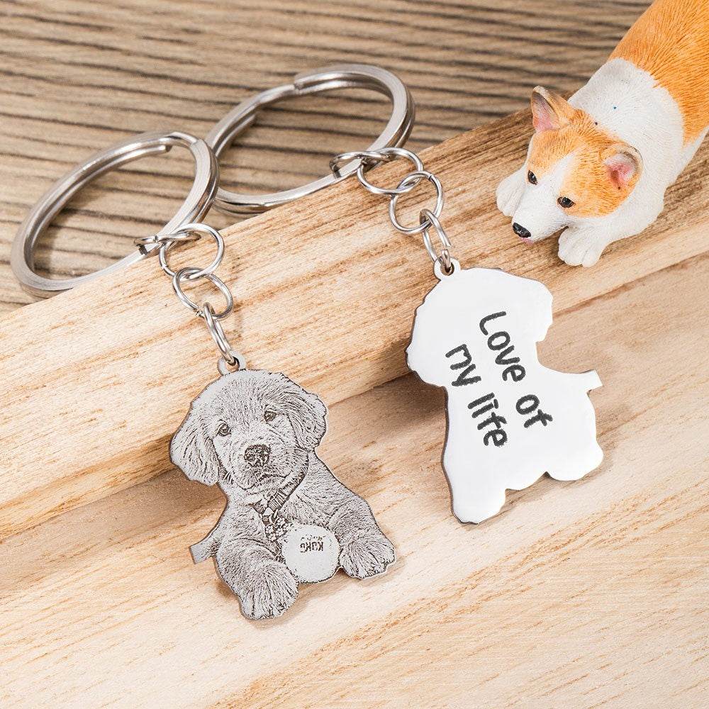 Custom Pet Photo Keychain - Engraved Sterling Silver with Personalized Message - The Max & Rex Collection