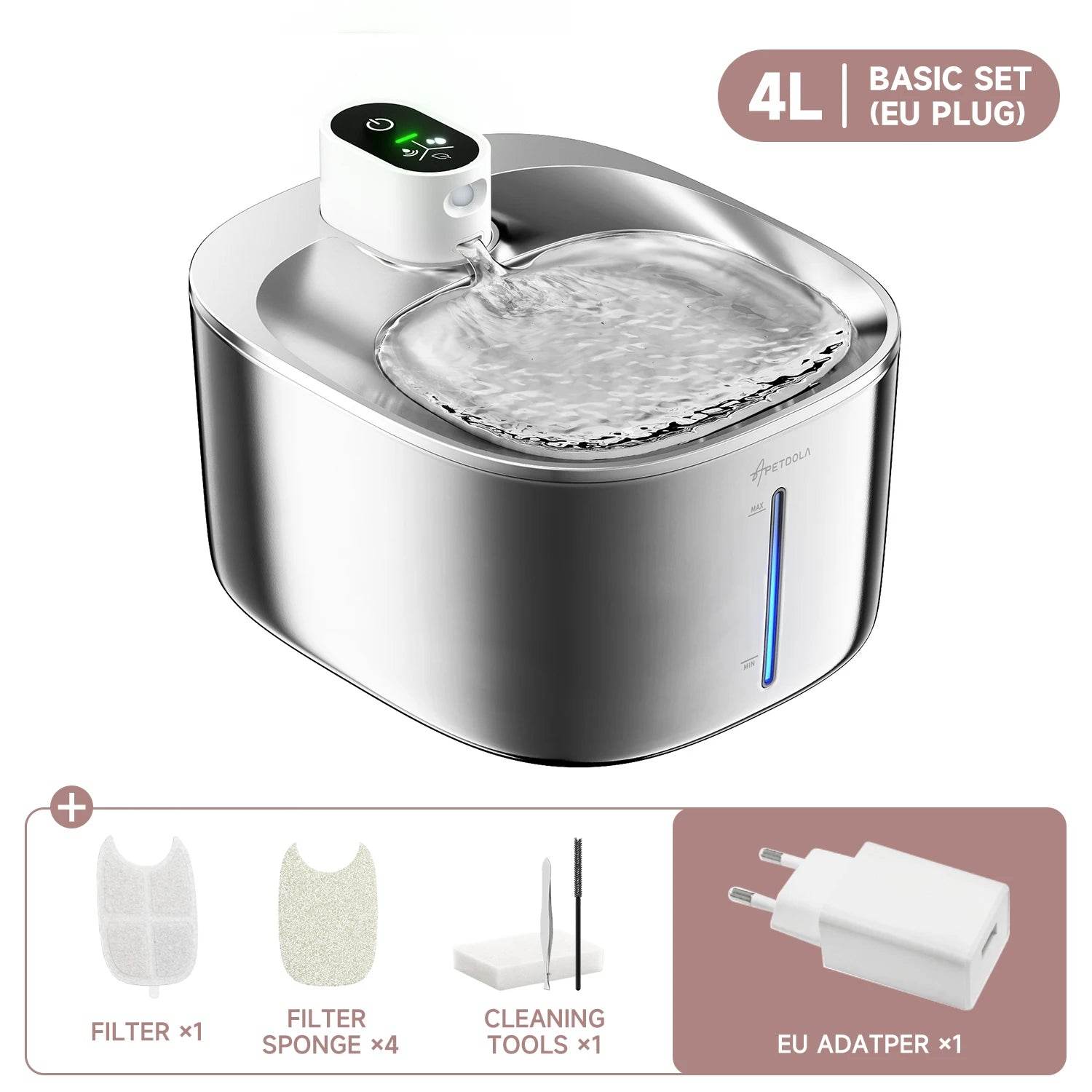 4L Wireless Cat Water Fountain - Auto Sensor Pet Drinking Fountain with Battery | Stainless Steel Cordless Water Dispenser for Dogs & Cats - The Max & Rex Collection