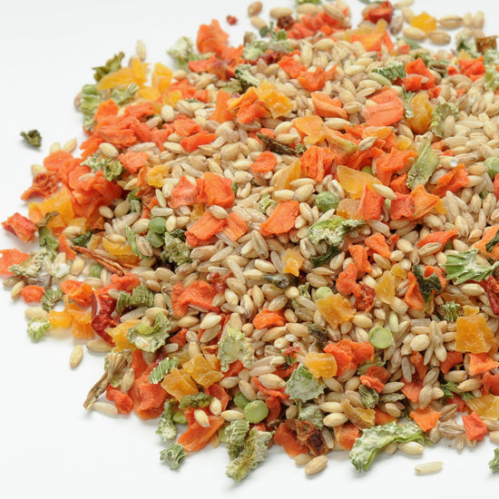 Pile of dried fruits and seeds on a white background