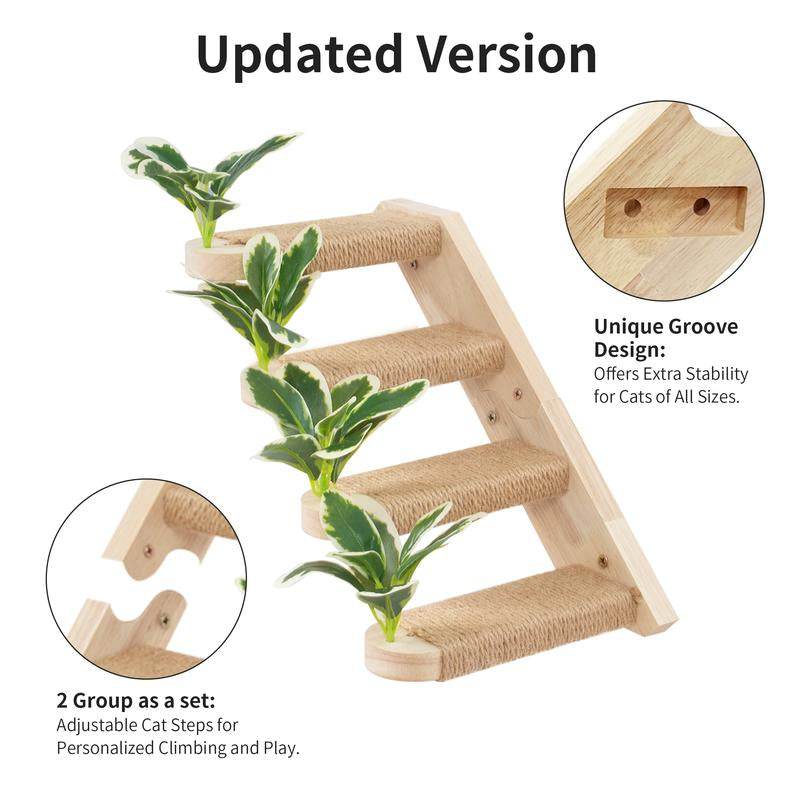 2-Pack Cat Wall Steps with Jute Scratching - Natural Wood Wall-Mounted Cat Stairs & Shelves | Decorative Leaf Design Cat Climbing Furniture - The Max & Rex Collection
