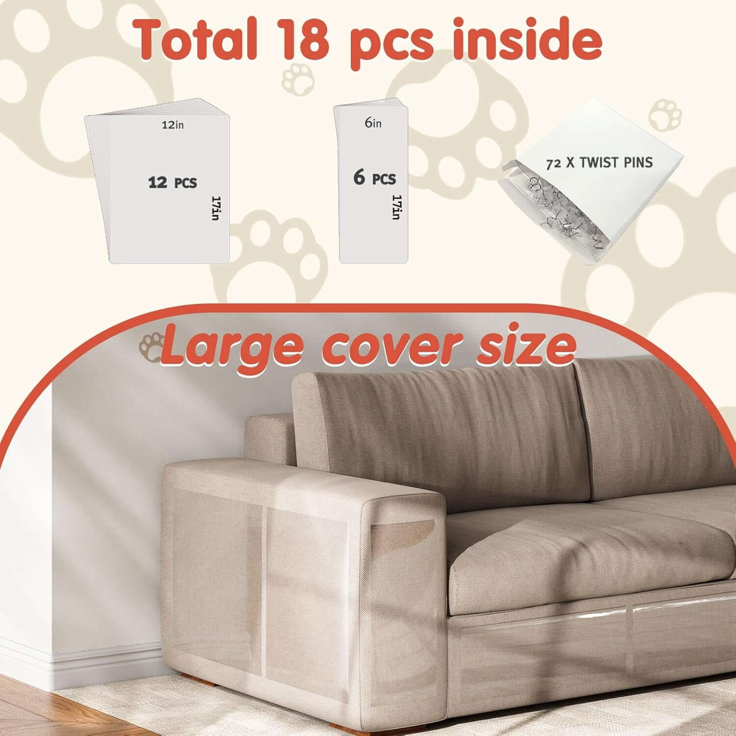 18 Pcs Large Cat Scratch Furniture Protector, Transparent Couch Protector from Cat Claws, Single-Sided Self Adhesive anti Pet Deterrent Sofa Cover, 17In
