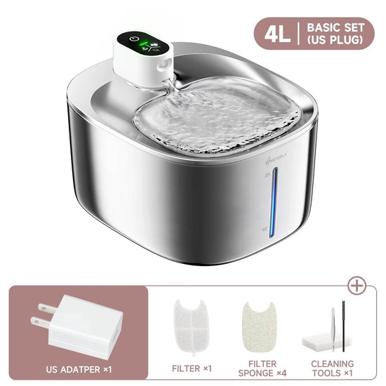 4L Wireless Cat Water Fountain - Auto Sensor Pet Drinking Fountain with Battery | Stainless Steel Cordless Water Dispenser for Dogs & Cats - The Max & Rex Collection