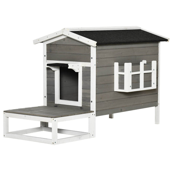 Weatherproof Outdoor Cat House with Porch & Escape Door - Feral Cat Shelter with Plant Stand | Dark Grey/White Wood Construction - The Max & Rex Collection