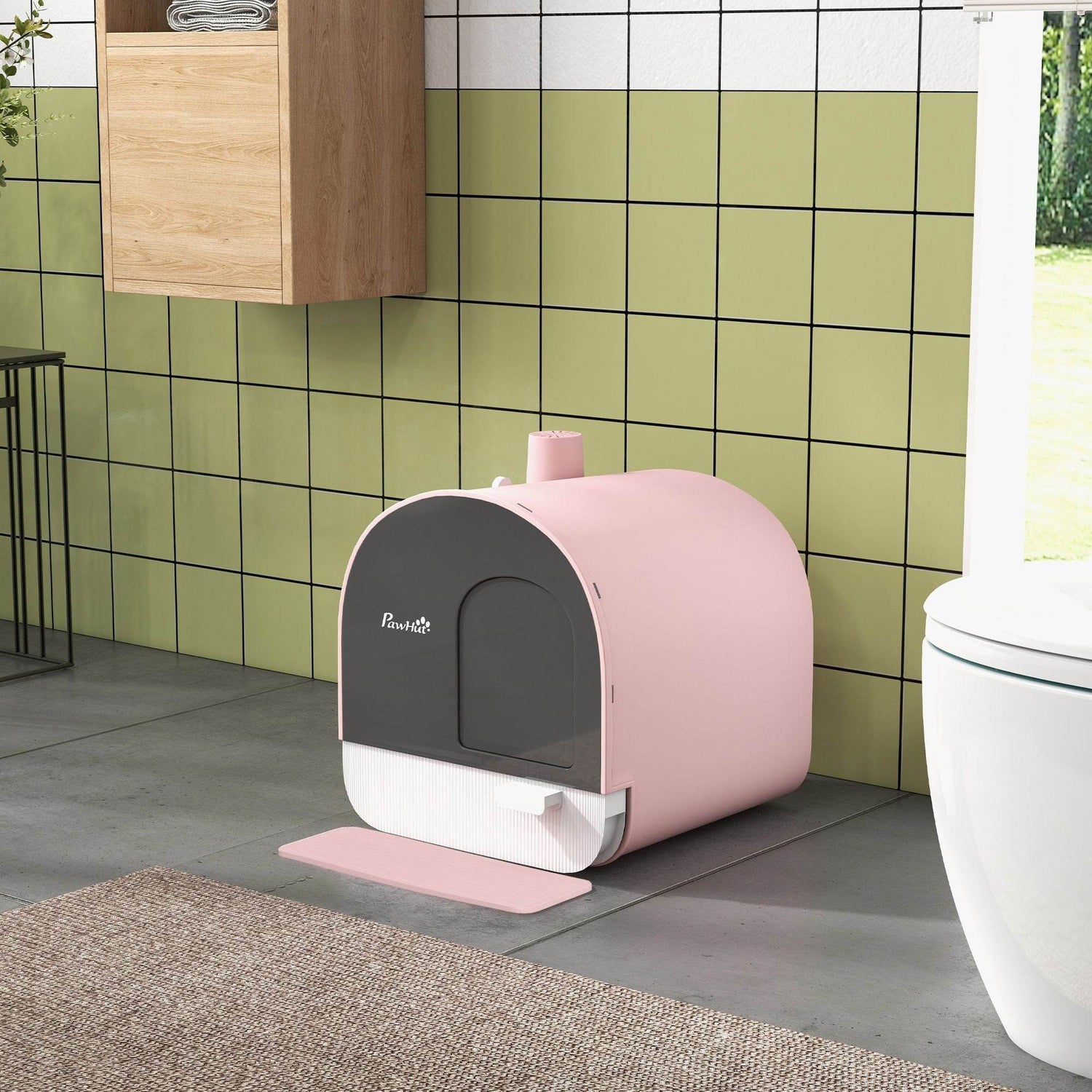Pink Covered Cat Litter Box with Odor Filter - Complete Privacy Kit with Tray, Scoop & Mat | Compact Hooded Litter House - The Max & Rex Collection