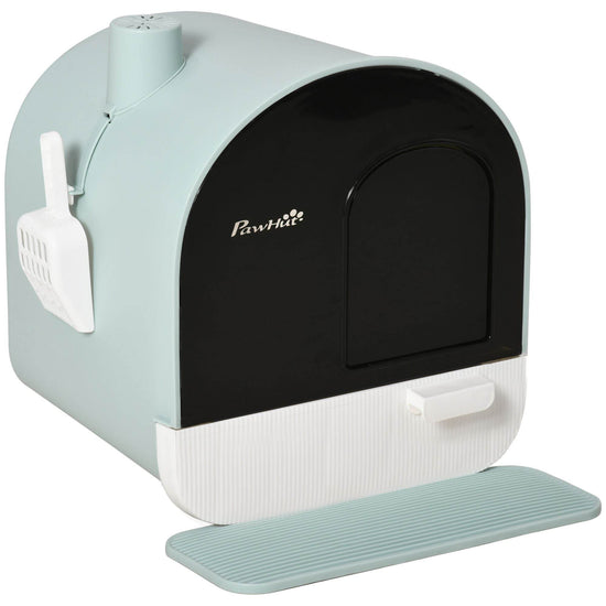 Covered Cat Litter Box with Odor Filter - Complete Privacy Kit with Tray, Scoop & Mat | Green Hooded Litter House - The Max & Rex Collection