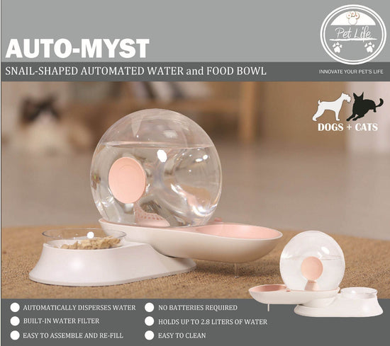 Auto-Myst Automatic Gravity Pet Water Dispenser - 2-in-1 Filtered Water & Food Bowl System with 2.8L Capacity - The Max & Rex Collection